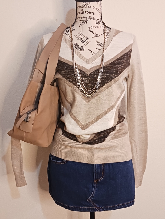 New York & Company Sweaters - New York & Company Beige and Brown V-Neck Chevron Sweater